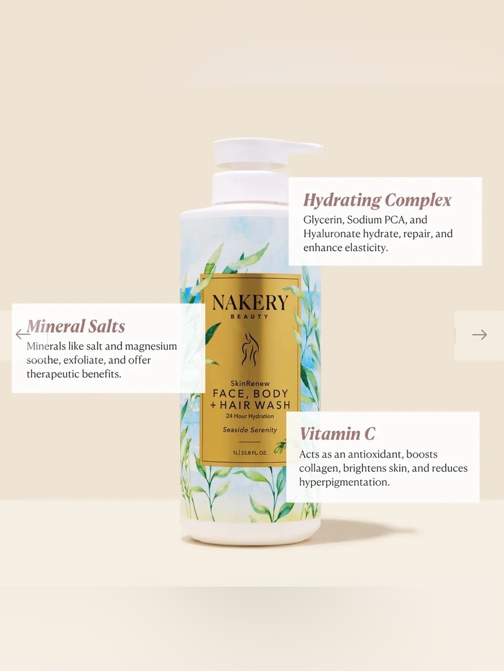 Nakery SkinRenew Face, Body + Hair Wash 33.8 Fl Oz (Seaside Serenity)-NEW - Picture 4 of 6